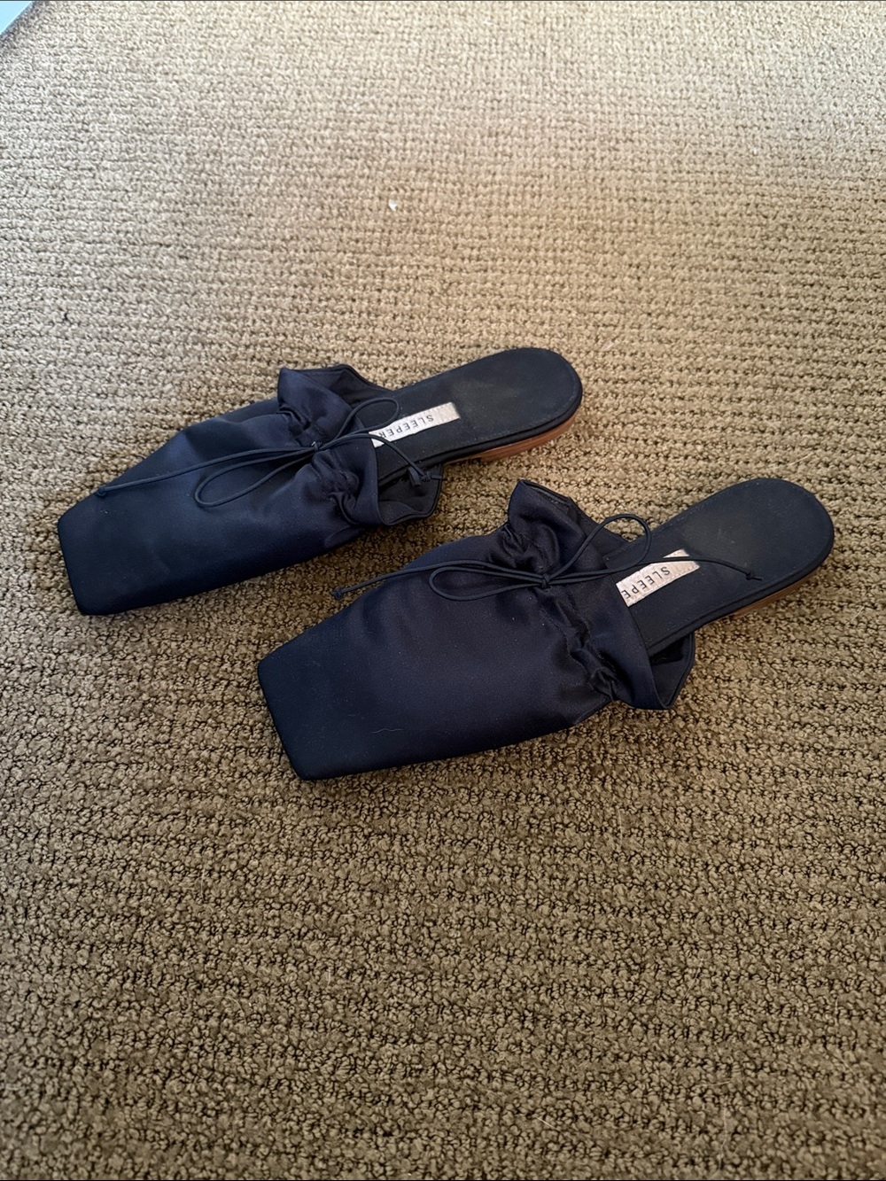 Sleeper Black Satin Square-Toe Slide Mules